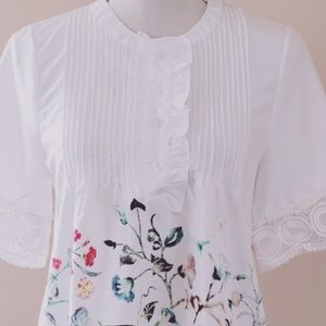 🆕🤩👚 MissLook BOHO floral Pin-tuck Ruffle button up Lace Sleeve Top NWT small